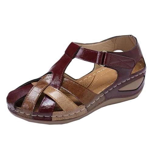 SDGHH-8MMDM Damen-Keilsandalen PU-Leder-Farbblock-Crossover-Hausschuhe Sommer-Retro-Römer-Freizeitsandalen Bequeme Rutschfeste Sandalen Mit Dicker Sohle Für Wanderschuhe,Rot,35 von SDGHH-8MMDM