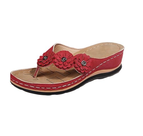 SDGHH-8MMDM Damen-Sommerschuhe Runde Zehen Mit Blumen Verziert PU-Leder Rutschfest Verschleißfest Bequeme Keil-Flip-Flop-Strandsandalen,Rot,37 von SDGHH-8MMDM