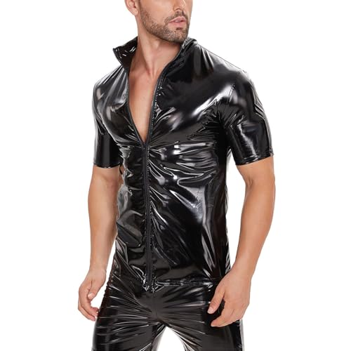 SDGHH-8MMDM Herren Tops Kunstleder Hemden Klassisch Glänzend Wetlook PVC Shirts Unter Hemden Muscle Fit Kurzarm Zipper Shirts Tops Für Herren,Schwarz,3XL von SDGHH-8MMDM
