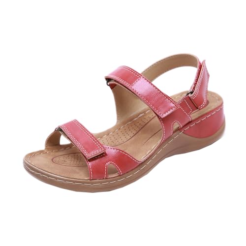 SDGHH-8MMDM Orthopädische Damen Sandalen Rutschfest Offener Zehenbereich Verschleißfeste Sandalen Weiche Ultraleichte Sommer Sandalen Retro-Keilsandalen Mit Dicken Sohlen,Rot,37 von SDGHH-8MMDM