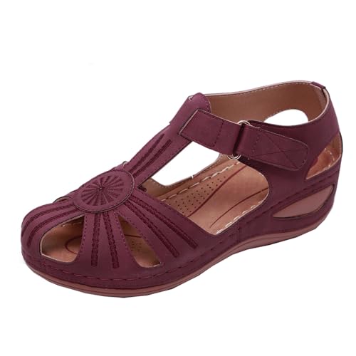 SDGHH-8MMDM Retro-Sommer-All-Match-Sandalen Für Damen Genähte Viskose Keilen Lässige Zehenkappen Einfarbige Lederrückenriemen Verstellbares Leder Atmungsaktiv Zum Gehen,Rot,39 von SDGHH-8MMDM