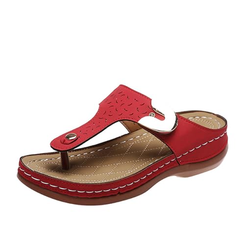 SDGHH-8MMDM Schnürsandalen Roman T-Förmige Öffnung Damen Sommer Rutschfeste Flip-Flops Runde Spitze Hohle Metallschnalle Keilabsatz Strandpantoffeln Mit Dicken Sohlen,Rot,36 von SDGHH-8MMDM