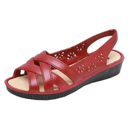 SDGHH-8MMDM Sommer-Keilsandalen Für Damen Dicke Sohle Runde Zehen Fischmaul Hohle Blumen Atmungsaktiv Bequem Und Weich Flache Sandalen Aus PU-Leder,Rot,36 von SDGHH-8MMDM