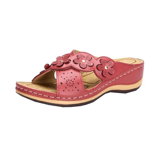 SDGHH-8MMDM Sommer-Keilsandalen Für Damen PU-Leder Blumenkreuz Weich Flach Rutschfest Hausschuhe Gartenschuhe Flip-Flops Lässige Strandsandalen,Rot,36 von SDGHH-8MMDM