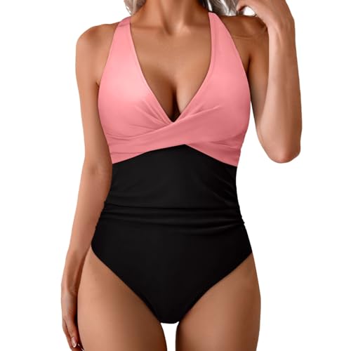 Shape Badeanzug Damen Bauchweg Push Up Neckholder - Badeanzüge für Damen mit Schlankheits Raffung Cups Abnehmbar - Einteilige Bademode V Ausschnitt Monokinis Blumenmuster Elegant Schwimmanzug von SDGR