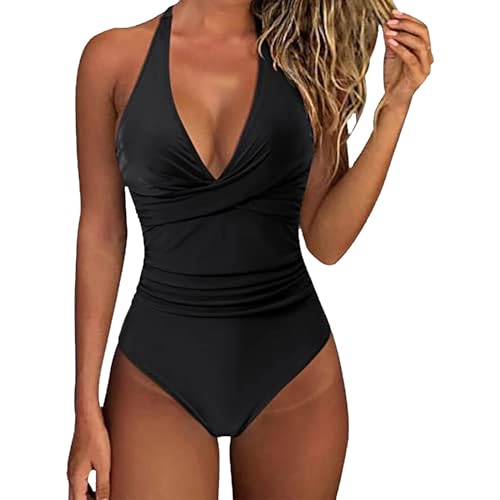 Shape Badeanzug Damen Bauchweg Push Up Neckholder - Badeanzüge für Damen mit Schlankheits Raffung Cups Abnehmbar - Einteilige Bademode V Ausschnitt Monokinis Blumenmuster Elegant Schwimmanzug von SDGR