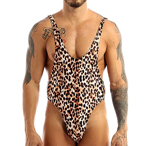 SDGTMYJSY Herren Jockstrap Sexy Unterwäsche Herren Bodysuit Trikot Bademode Leopard Printed Sleeveless Deep U Neck Backless High Cut Male Sexy Mankini Badeanzug-Braun_L von SDGTMYJSY