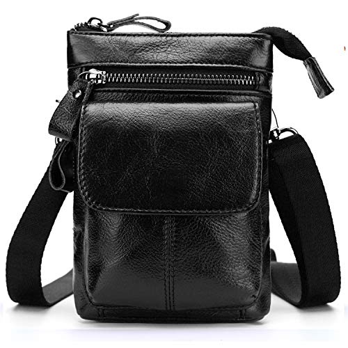 SDINAZ Hüfttaschen Herren Umhängetasche Gürteltasche Bauchtasche, mit Aluminiumkarabiner Multifunktional Outdoorsport Messenger Tasche Wasserdicht Leder DE952 Schwarz von SDINAZ