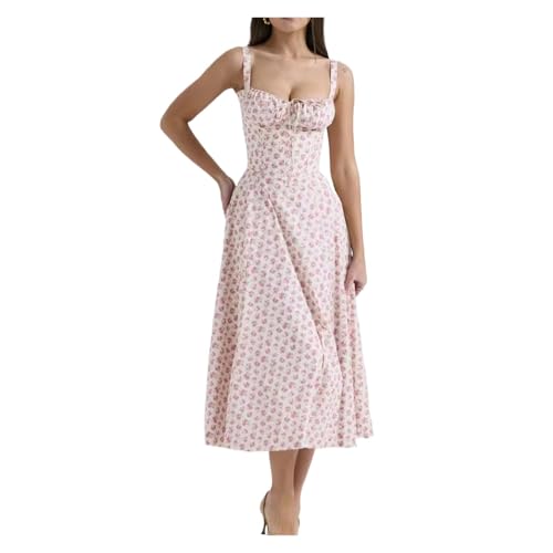 SDIUAKBV Florales Strapskleid Damen Casual Printed Neck Langes Kleid Strandkleid Hochzeitsgastkleid Damenkleid(Pink,S) von SDIUAKBV