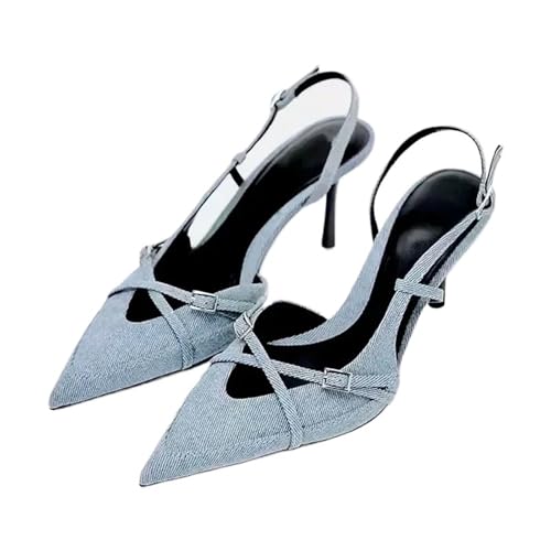 Spitze High Heels Spitze Zehen High Heel Sandalen for Lady Blue Denim Stilettos(38) von SDIUAKBV