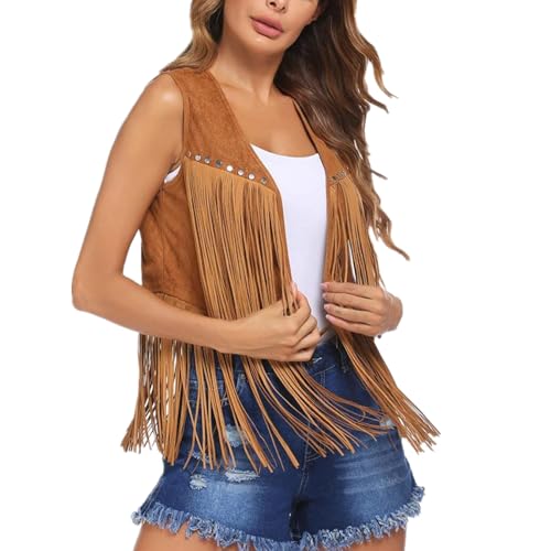 SDKZBFC Damen Quaste Ärmellose Weste, Weste Kurze Fransen jacken Faux Wildleder Fransen Weste Jacke 70er Jahre Hippie Boho Western Jacke Mantel von SDKZBFC
