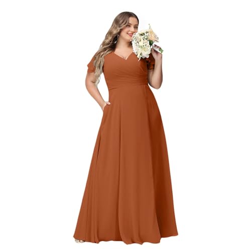 Prinzessin V-Ausschnitt Chiffon Brautjungfernkleider Übergröße Abendkleid mit Taschen und seitlichem Schlitz, burnt orange, 48 Plus von SDPANLLD