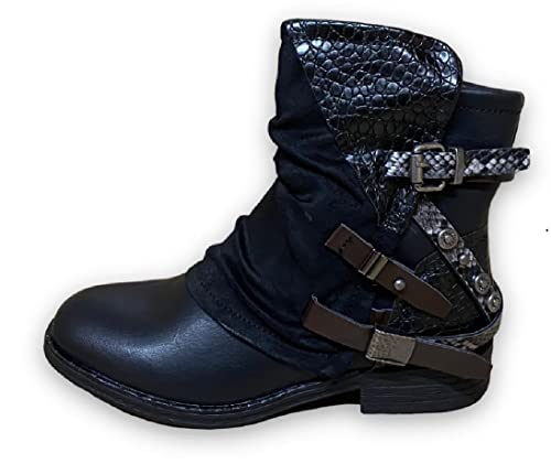 Damen Stiefel Biker Boots gefüttert - Stiefeletten mit Nieten Blockabsatz - Used Look Herbst Winter Frauen Schuhe Schnallen-ST22 Schwarz 38 von SDS