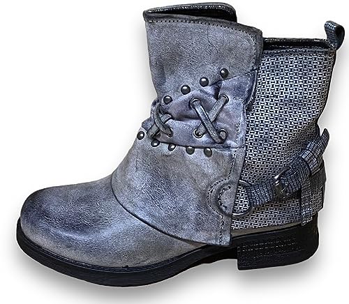 Damen Stiefeletten Biker Boots - Stiefel mit Nieten Blockabsatz - bequeme Herbst Winter Frauen Schuhe Schnallen ST07 Grau 37 von SDS