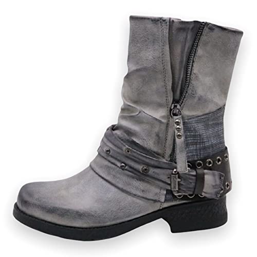 Damen Stiefeletten Biker Boots Stiefel mit Nieten Frauen Schuhe Blockabsatz Herbst Winter Bequeme Schuhe Schnallen - ST04 - Grau - Größe 36 von SDS