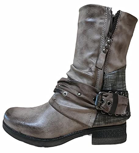 Damen Stiefeletten Biker Boots Stiefel mit Nieten Frauen Schuhe Blockabsatz Herbst Winter Bequeme Schuhe Schnallen - ST04 - Khaki - Größe 36 von SDS
