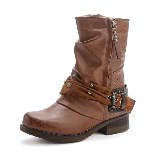 Damen Stiefeletten Biker Boots - Stiefel mit Nieten Schuhe Blockabsatz - Bequeme Herbst Winter Frauen Schuhe Schnallen – ST04 (Camel 42) von SDS