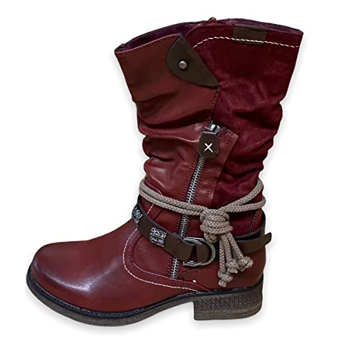 Damen Stiefeletten Biker Boots - Stiefel mit Nieten Schuhe Blockabsatz - bequeme Herbst Winter Frauen Schuhe Schnallen - ST04 (ST873 Weinrot, numeric_38) von SDS