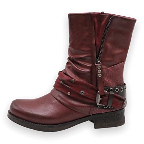 Damen Stiefeletten Biker Boots - Stiefel mit Nieten Schuhe Blockabsatz - bequeme Herbst Winter Frauen Schuhe Schnallen - ST04 (Weinrot, numeric_38) von SDS