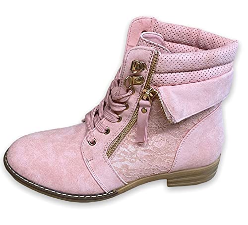 SDS Damen Stiefeletten Schnürer Boots - Stiefel mit Reißverschluss - Schnürstiefeletten Women Herbst Frühling Spitzen-Optik - W160 Rosa Größe 40 von SDS