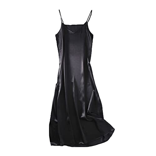 Maxikleid für Damen, Seide, Satin, ärmellos, solide, Spaghettiträger, langes Kleid, elegant, schickes Slip-Kleid, Schwarz , S von SDSVFG