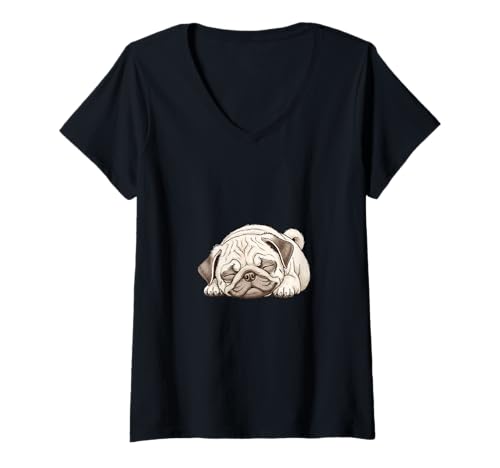 Damen Mops Schlichtes Design T-Shirt mit V-Ausschnitt von SDT(Simple Design T-shirt)