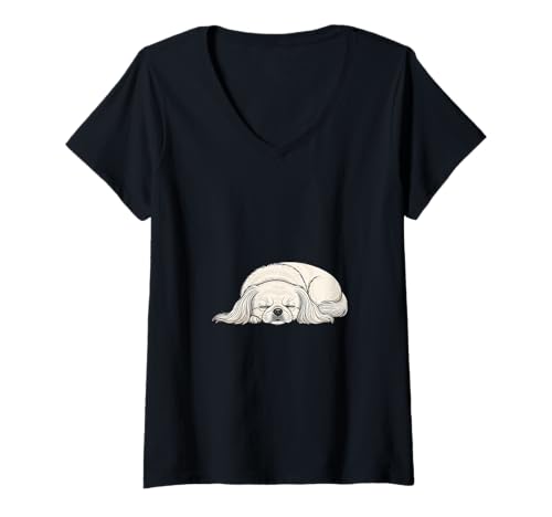 Damen Pekinese Schlichtes Design T-Shirt mit V-Ausschnitt von SDT(Simple Design T-shirt)