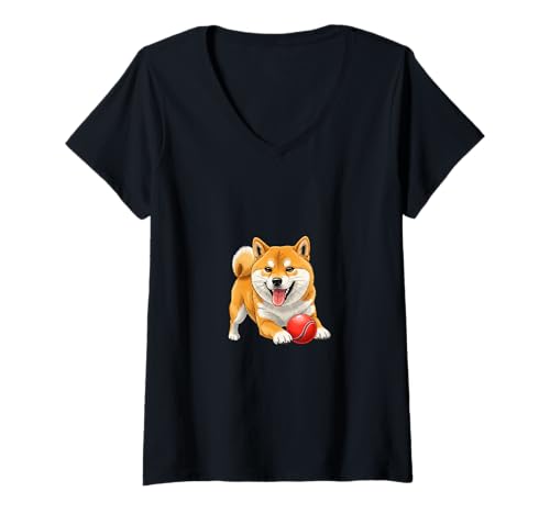 Damen Shiba Inu Schlichtes Design T-Shirt mit V-Ausschnitt von SDT(Simple Design T-shirt)