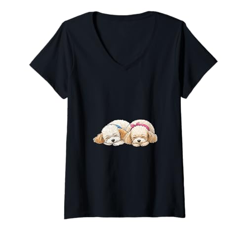 Damen Spielzeugpudel, Schlichtes Design T-Shirt mit V-Ausschnitt von SDT(Simple Design T-shirt)