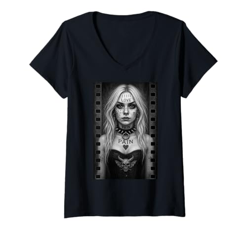 Damen DarkAttitude Goth Girl Tattoo Skull Style Punk Emo Design T-Shirt mit V-Ausschnitt Damen DarkAttitude Goth Girl Tattoo Skull Style Punk Emo Design T-Shirt mit V-Ausschnitt von SDT Gothic Clothes