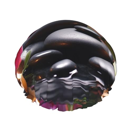 Blumen im Brunnen Massagesteine Duschhaube für Frauen Doppellagige dicke Haarkappen Wiederverwendbare wasserdichte Badekappen mit Gummiband Haarhut Waschbar Duschhut für Männer Frauen Spa Salon von SDTYKHJ