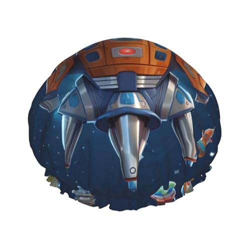 Cartoon Raumschiff Rakete Duschhaube für Frauen Doppellagige dicke Haarkappen Wiederverwendbare wasserdichte Badekappen mit Gummiband Haarhut waschbar Duschhut für Männer Frauen Spa Salon von SDTYKHJ