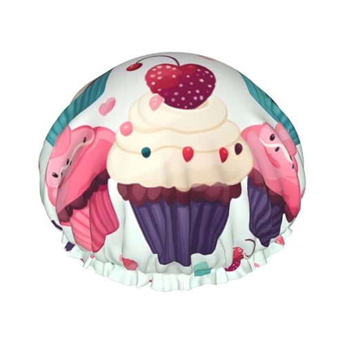 Cupcake Candy Hearts Sweet Shower Cap for Women Double Layers Thick Hair Caps Reusable Waterproof Bath Caps with Elastic Band Hair Hat Washable Shower Hat for Men Women Spa Salon von SDTYKHJ