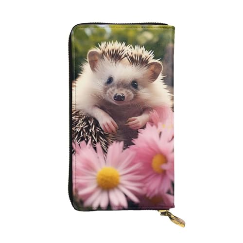 Damen Geldbörse Clutch Große Kapazität Lange Geldbörse Niedlicher Igel in Blumen Leder Damen Karte Handy Halter Reise Geldbörse von SDTYKHJ