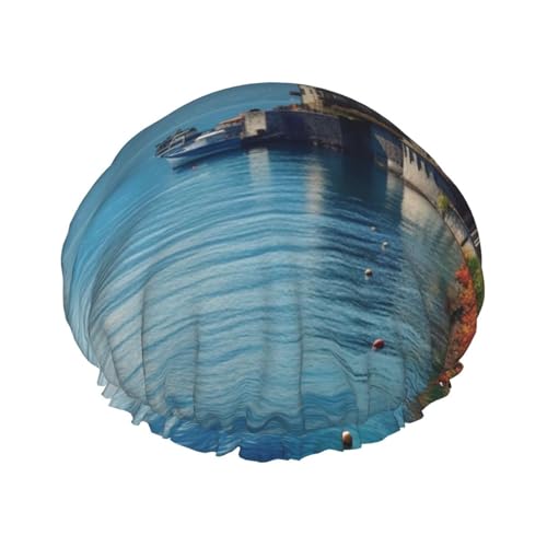 Genfer See Schweiz Duschhaube für Frauen Doppellagige dicke Haarkappen Wiederverwendbare wasserdichte Badekappen mit Gummiband Haarhut Waschbar Duschhut für Männer Frauen Spa Salon von SDTYKHJ