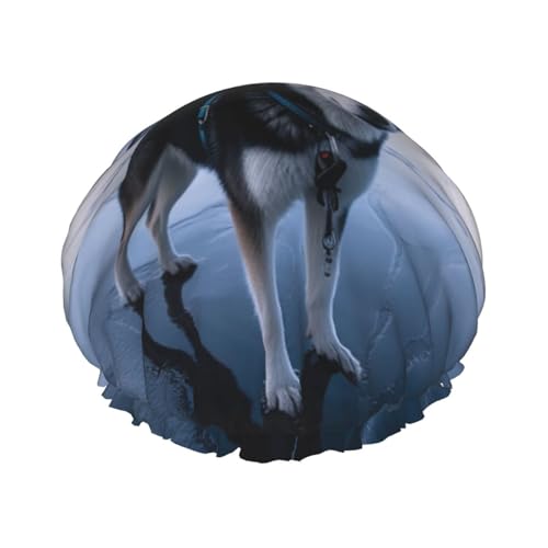 Husky Dog on a Frozen Lake Shower Cap for Women Double Layers Thick Hair Caps Reusable Waterproof Bath Caps with Elastic Band Hair Hat Washable Shower Hat for Men Women Spa Salon von SDTYKHJ