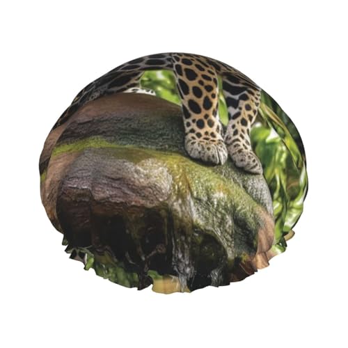 Jaguar Katze auf Baumstamm Wasserfall Duschhaube für Frauen Doppellagige dicke Haarkappen Wiederverwendbare wasserdichte Badekappen mit Gummiband Haarhut waschbar Duschhut für Männer Frauen Spa Salon von SDTYKHJ