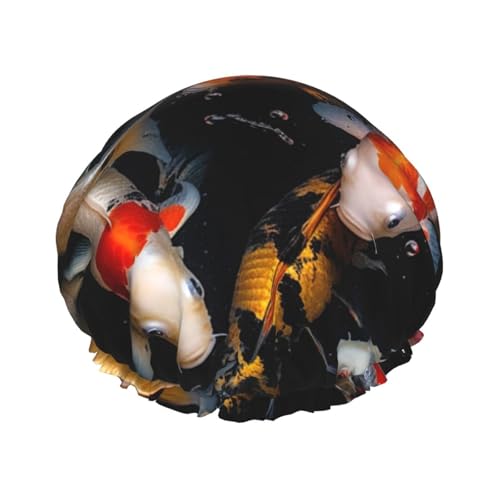 Japan Fancy Koi Karpfen Fische Duschhaube für Frauen Doppellagige dicke Haarkappen Wiederverwendbare wasserdichte Badekappen mit Gummiband Haarhut waschbar Duschhut für Männer Frauen Spa Salon von SDTYKHJ