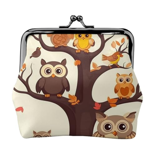 Münzgeldbörse mit Kussschloss, Mini-Münztasche, Cartoon-Familie, Eulen auf dem braunen Baum, Ledergeldbörsen für Damen, Clutch, Wechselgeldbörse von SDTYKHJ