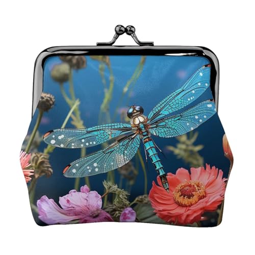 Münzgeldbörse mit Kussschloss, Mini-Münztasche, Libelle und Blume, Ledergeldbörse für Damen, Clutch, Wechselgeldbörse von SDTYKHJ