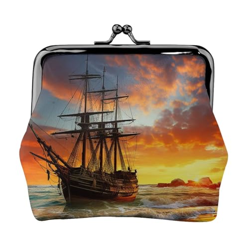 Münzgeldbörse mit Kussschloss, Mini-Münztasche, Piratenschiff im Sonnenuntergang, Ledergeldbörse für Damen, Clutch, Wechselgeldbörse von SDTYKHJ