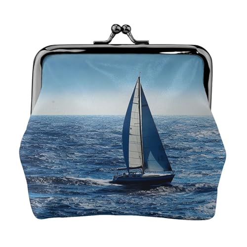 Münzgeldbörse mit Kussschloss, Mini-Münztasche, blaues Segelboot, Ledergeldbörsen für Damen, Clutch, Kleingeldbörse von SDTYKHJ