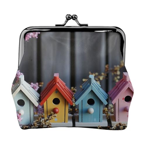 Münzgeldbörse mit Kussschloss, Mini-Münztasche, bunt, Frühlings-Vogelhäuser, Ledergeldbörse für Damen, Clutch, Wechselgeldbörse von SDTYKHJ