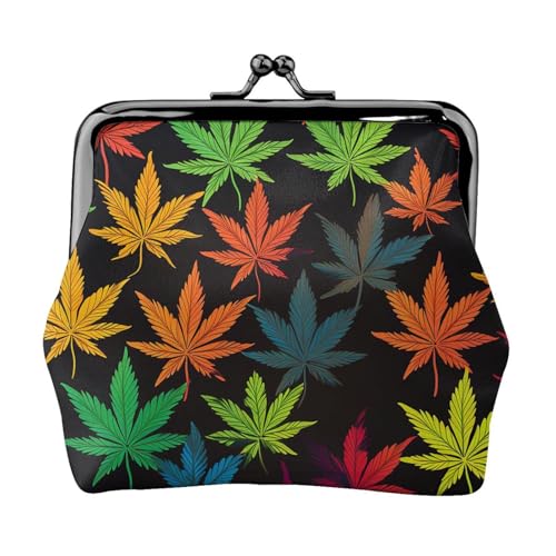 Münzgeldbörse mit Kussschloss, Mini-Münztasche, bunte Cannabisblätter, Ledergeldbörse für Damen, Clutch, Wechselgeldbörse von SDTYKHJ