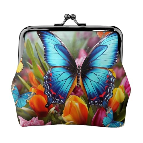 Münzgeldbörse mit Kussschloss, Mini-Münztasche, bunte Schmetterlinge und Blumen, Ledergeldbörsen für Damen, Clutch, Wechselgeldbörse von SDTYKHJ