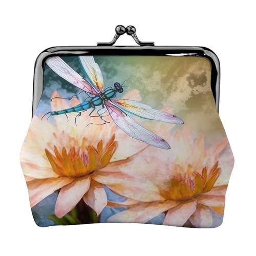 Münzgeldbörse mit Kussschloss, Mini-Münztasche, fliegende Libellen, Lilien, Blumen, Ledergeldbörsen für Damen, Clutch, Wechselgeldbörse von SDTYKHJ