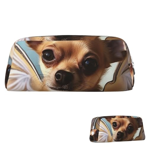 SDTYKHJ Chihuahua Braune Bleistifttasche Engelsflügel Große Geldbörse Tragbare Kosmetiktasche Ästhetische Kosmetiktasche Leder Schminktasche, Silber, One Size von SDTYKHJ