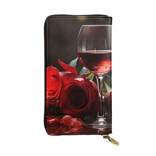 SDTYKHJ Damen Geldbörse Clutch Große Kapazität Lange Brieftasche Rot Rose Weinglas und Kerze Leder Damen Karte Handy Halter Reise Geldbörse von SDTYKHJ
