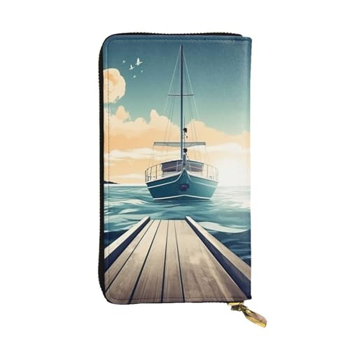 SDTYKHJ Damen Geldbörse Clutch Große Kapazität Lange Geldbörse Boot Meereslandschaft Thema Leder Damen Karte Handy Halter Reise Geldbörse von SDTYKHJ