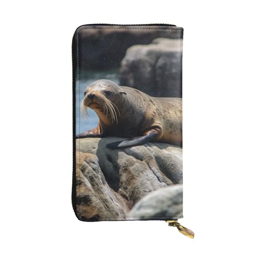 SDTYKHJ Damen Geldbörse Clutch Große Kapazität Lange Geldbörse Braun Seal on the Rock Leder Damen Karte Handy Halter Reise Geldbörse von SDTYKHJ